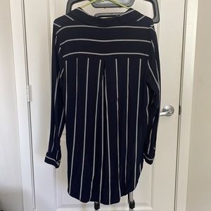 Navy and white striped collared shirt with long swoop cut bottom NEW CONDITION